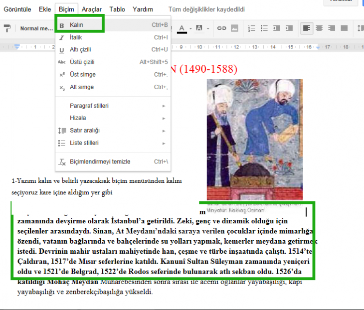 google docs biçim menüsü